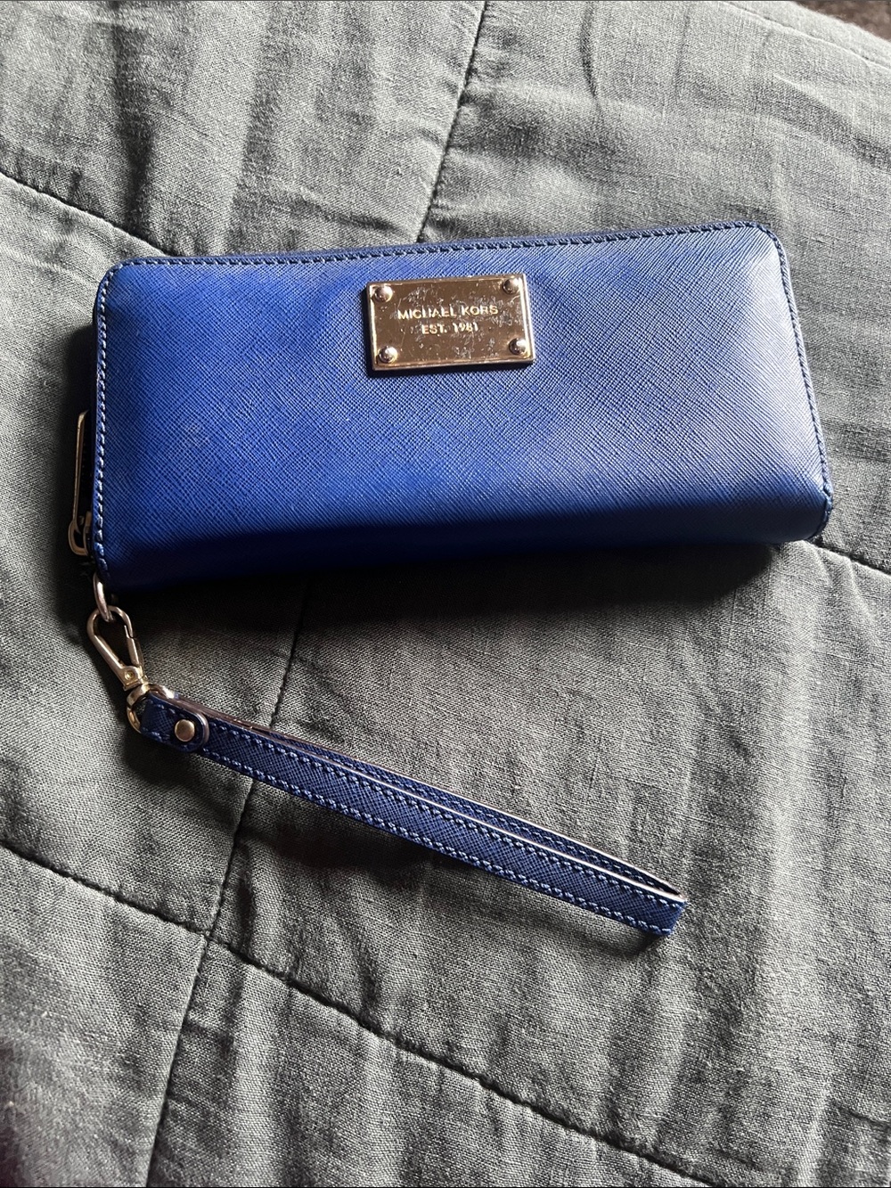 Michael Kors Blue Saffiano Leather Wristlet with Gold Plaque
